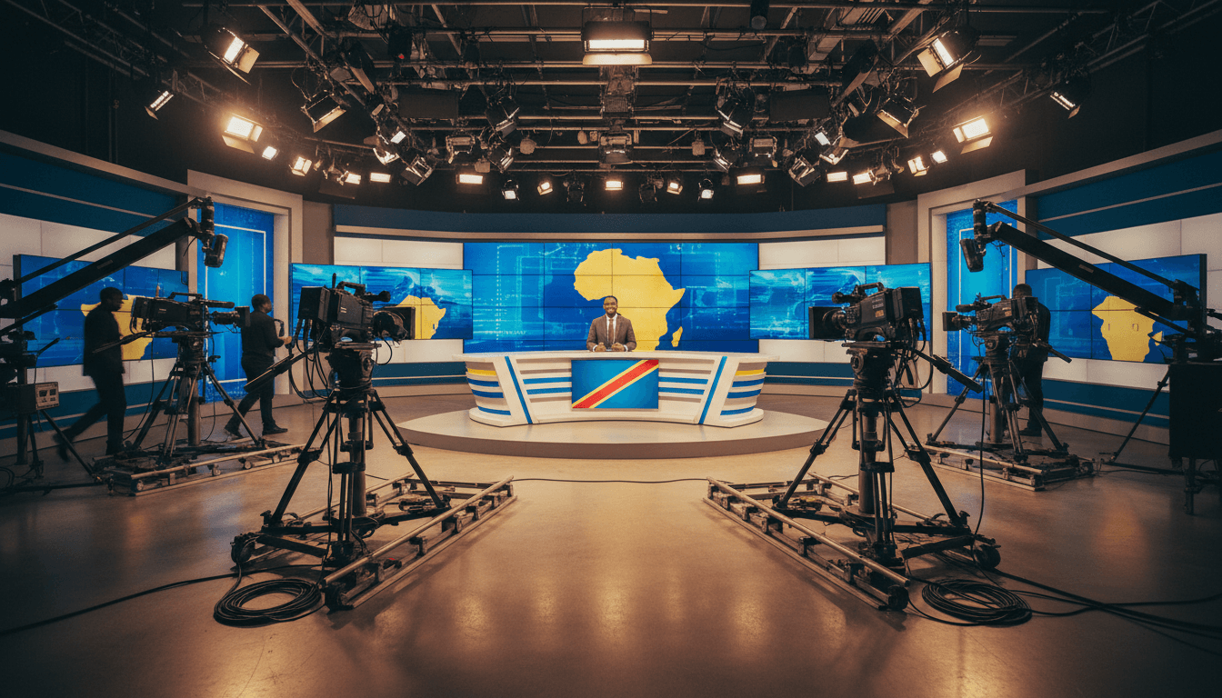 Professional TV studio with host at desk, broadcast cameras, and bright studio lighting