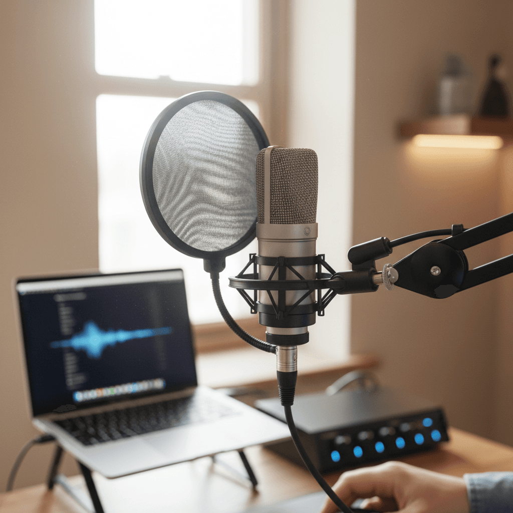 Professional podcast microphone setup in home broadcasting studio
