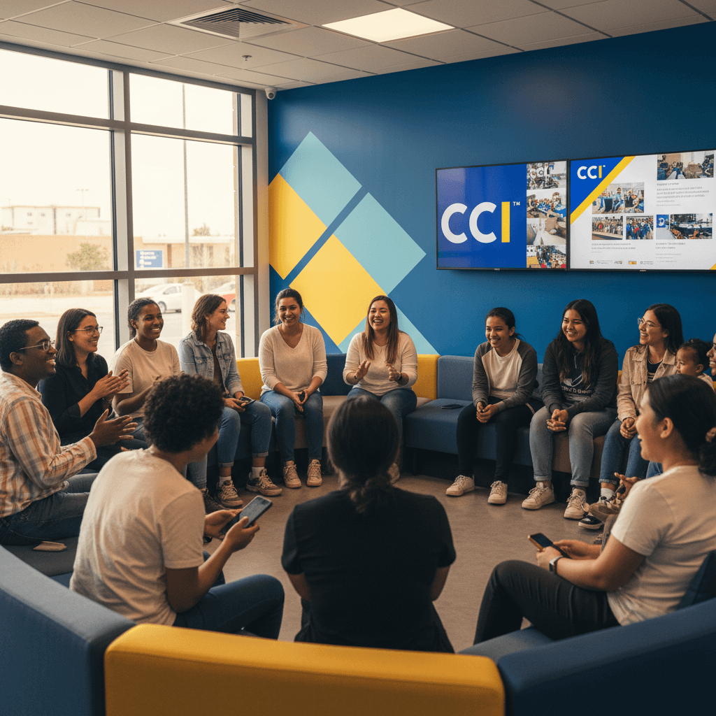 Diverse community members connecting together in CCI community space