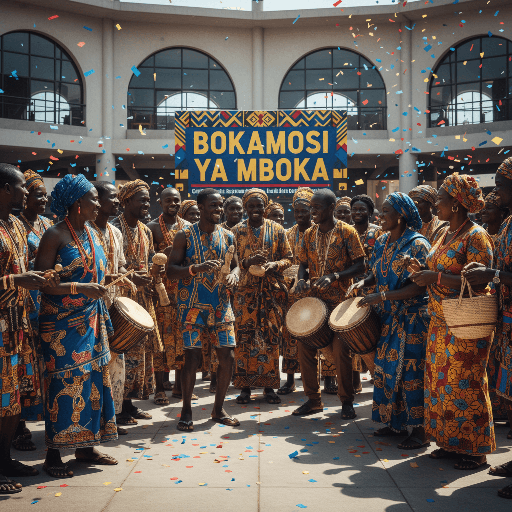 A vibrant, celebratory aesthetic showing a diverse group of people wearing traditional Congolese clothing and cultural attire, gathered together in a bright, open community space.