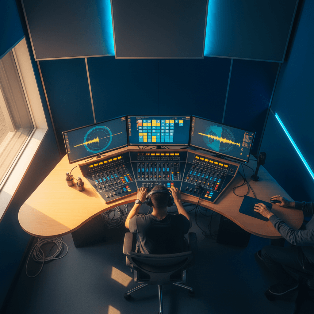 A bright, dynamic aesthetic overhead shot of a radio control room