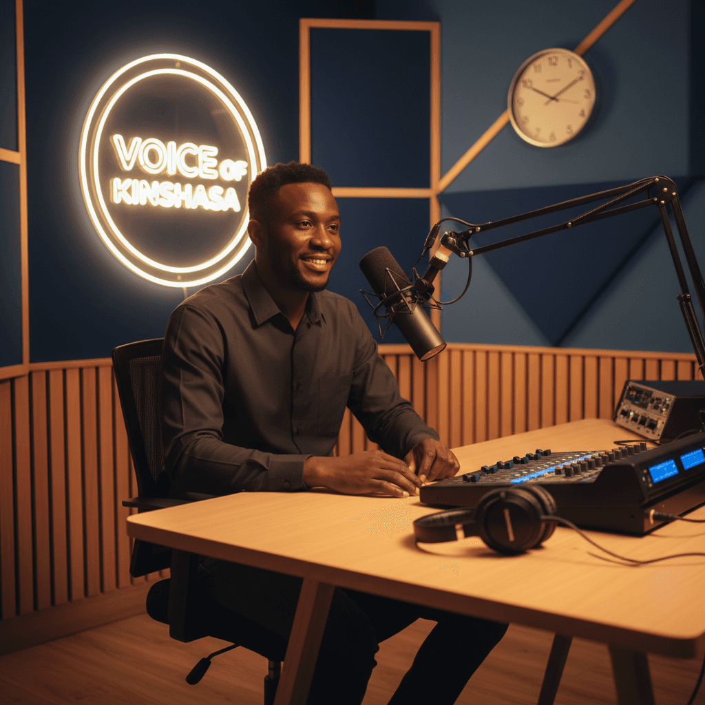 A warm, inviting documentary-style medium shot of a modern broadcast studio with soft amber lighting.