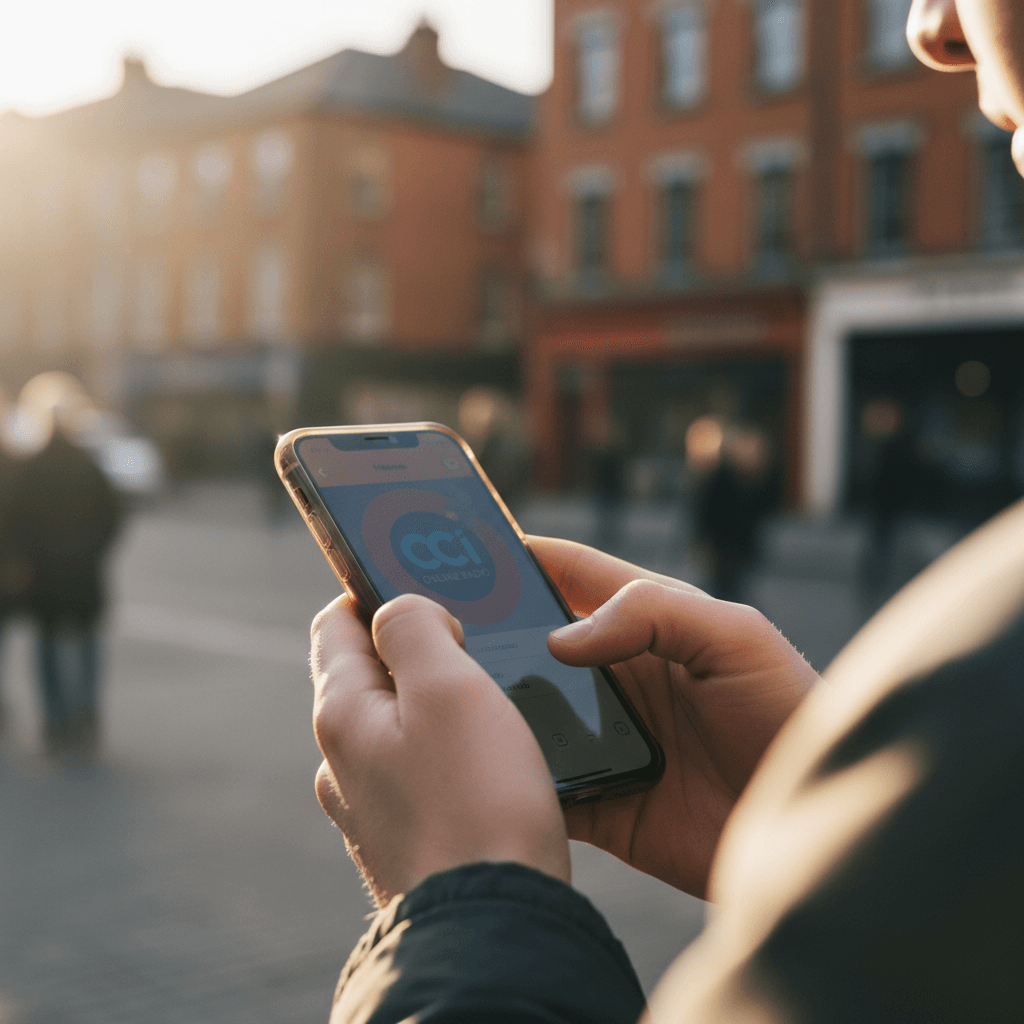 Hands holding smartphone displaying CCI Online Radio interface