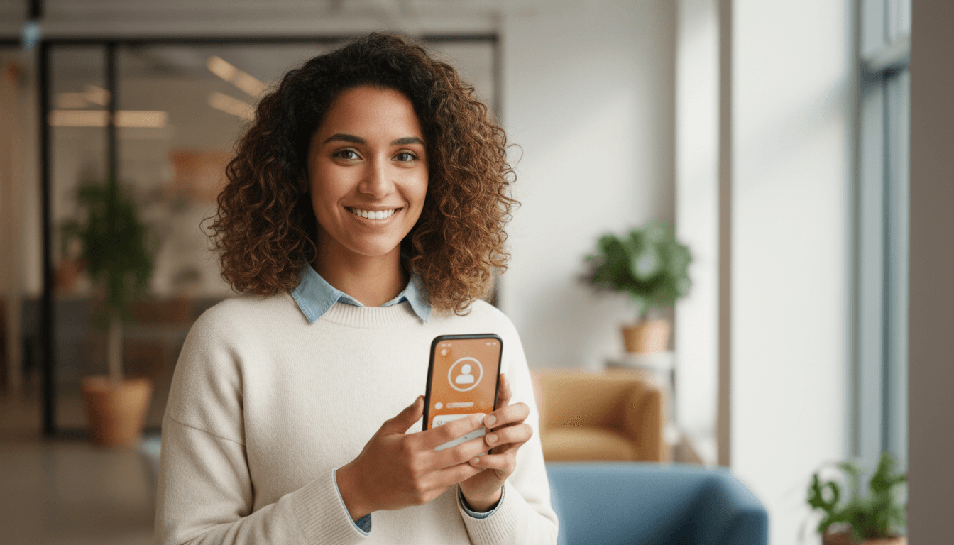 Woman smiling while holding a phone, welcoming visitors to contact the Congolese Community in Ireland