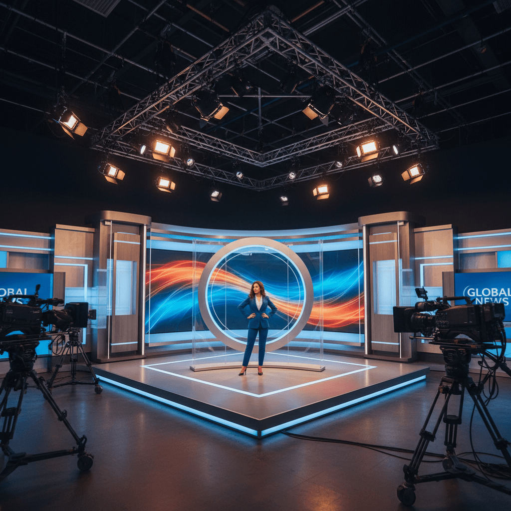 Professional television studio with presenter and camera equipment