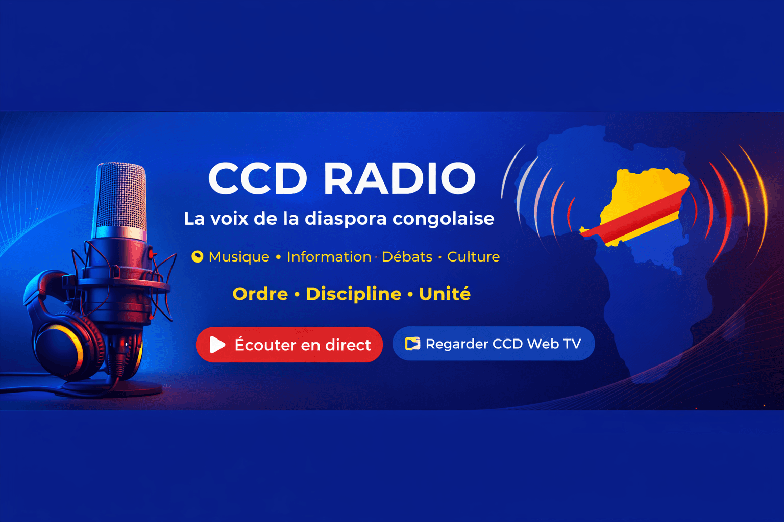 CCD Radio banner featuring a microphone, headphones, and map of Africa highlighting the Congolese flag.